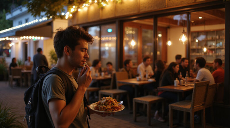 Backpacker enjoying local food at Puerto Montt restaurant in Chile