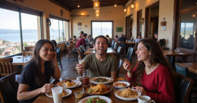 Young backpackers enjoying traditional cuisine in a Puno, Peru restaurant
