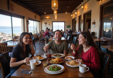 Young backpackers enjoying traditional cuisine in a Puno, Peru restaurant