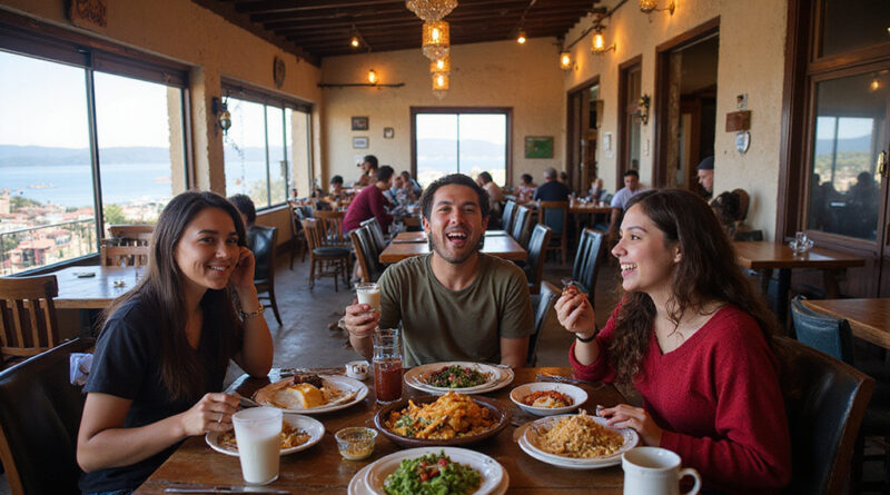 Young backpackers enjoying traditional cuisine in a Puno, Peru restaurant