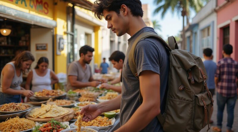 Young backpacker exploring food scene in Salvador, Brazil