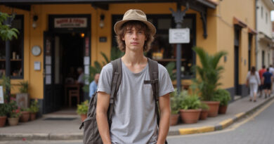 Backpacker at popular מסעדות בסאו לואיס ברזיל with Latin American architecture