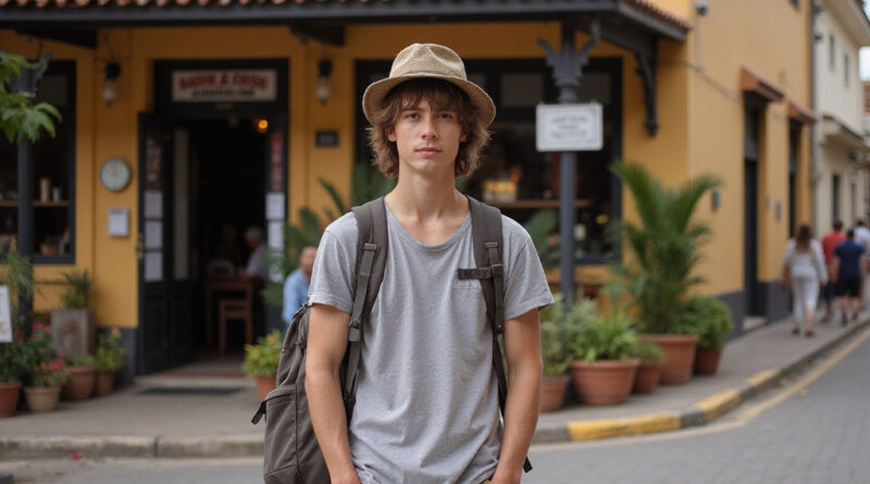 Backpacker at popular מסעדות בסאו לואיס ברזיל with Latin American architecture