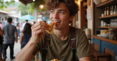Young traveler enjoying local cuisine at bustling Zifakira, Colombia eatery.