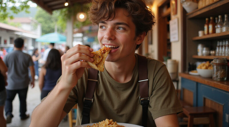 Young traveler enjoying local cuisine at bustling Zifakira, Colombia eatery.