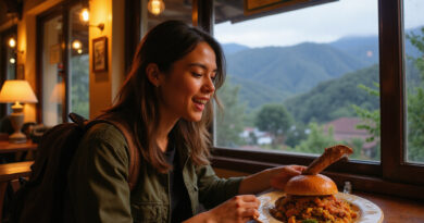 Young backpacker exploring Colombian cuisine in מסעדות בסאלנטו קולומביה.
