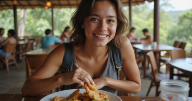 Young backpacker enjoying local food at מסעדות בסן אנדרס קולומביה