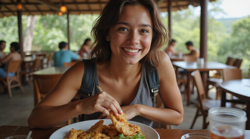 Young backpacker enjoying local food at מסעדות בסן אנדרס קולומביה