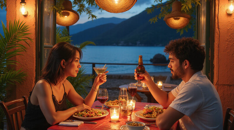 Vibrant dining scene at מסעדות בסנטה מרתה קולומביה with traditional Colombian food.