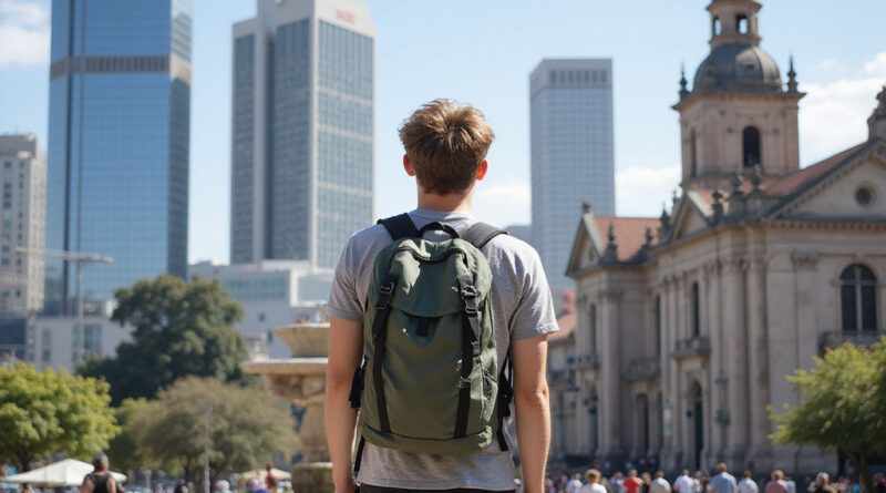 בחור צעיר מגלה את אטרקציות בסנטיאגו צ'ילה בגב הגדול שלו