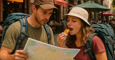 Backpackers exploring מסעדות בסנטיאגו צ'ילה street food scene.