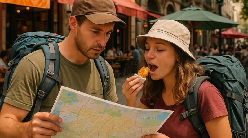 Backpackers exploring מסעדות בסנטיאגו צ'ילה street food scene.