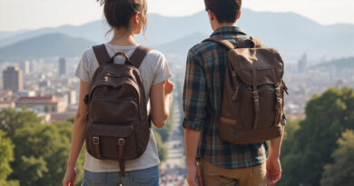 Young backpackers enjoying a panoramic view of Santiago, Chile