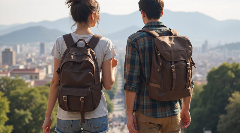 Young backpackers enjoying a panoramic view of Santiago, Chile