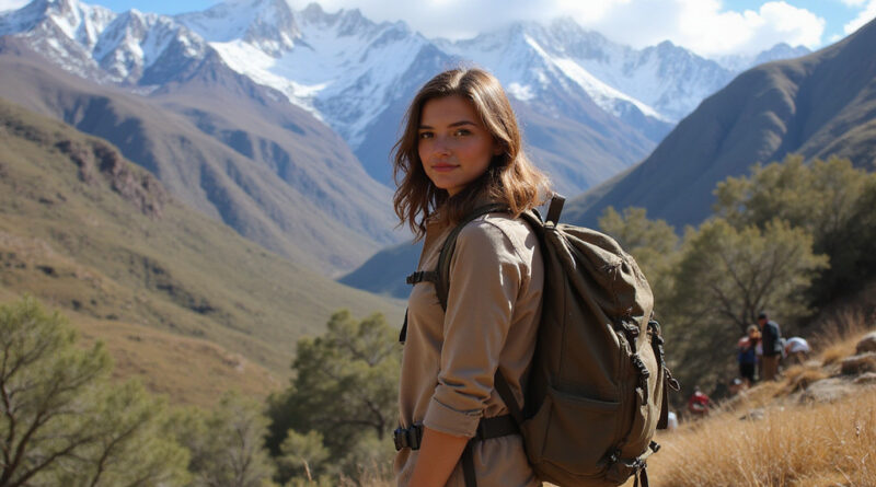 Backpacker in Huarez Peru enjoying scenic snow-capped mountains