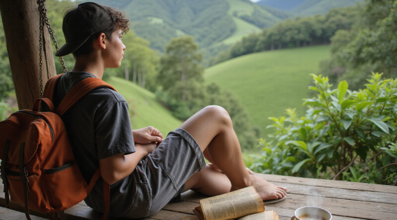 Backpacker relaxing at recommended hostel in Salento, Colombia