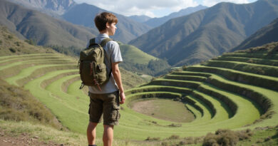 Young backpacker observing Moray's terraces in Peru