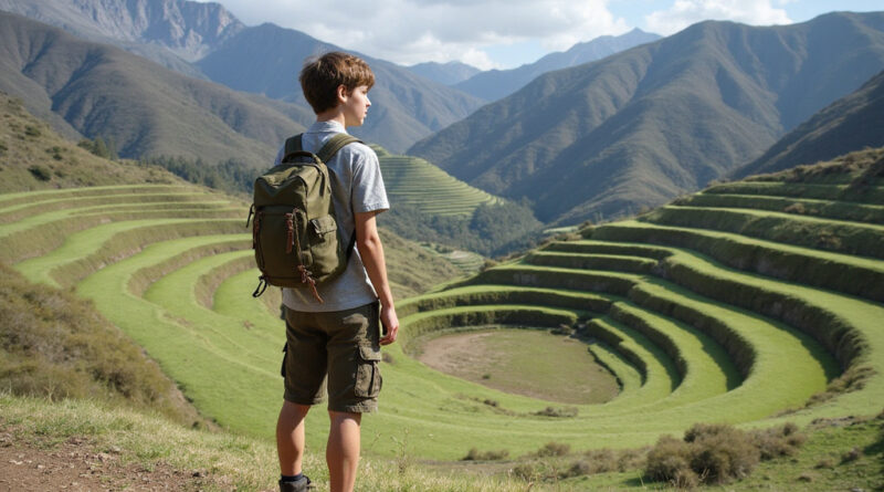 Young backpacker observing Moray's terraces in Peru