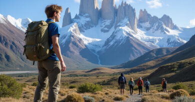 Backpacker admiring אטרקציות בטורס דל פיינה צ'ילה scenery