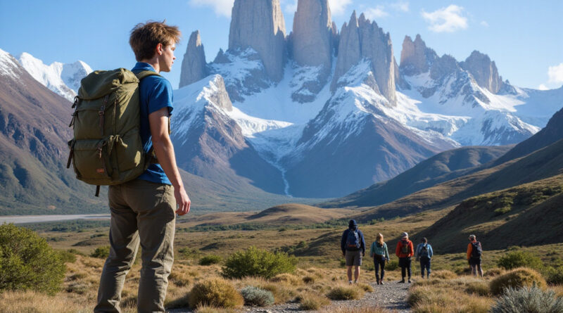 Backpacker admiring אטרקציות בטורס דל פיינה צ'ילה scenery