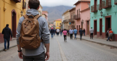 Backpacker admiring architecture on vibrant Ica, Peru street