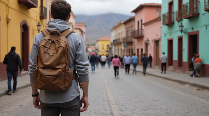 Backpacker admiring architecture on vibrant Ica, Peru street