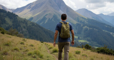 Backpacker trekking on Arcopata Trek in Peru's mountains