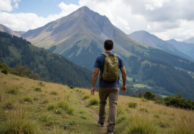 Backpacker trekking on Arcopata Trek in Peru's mountains