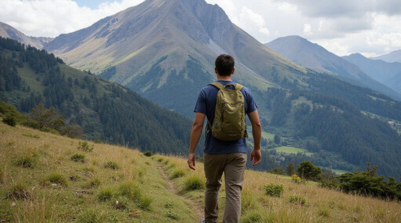 Backpacker trekking on Arcopata Trek in Peru's mountains