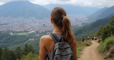Backpacker enjoying panoramic view from Montserrate, טרקים בבוגוטה קולומביה