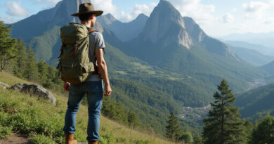 Backpacker hiking at Dois Irmãos mountain in Brazil