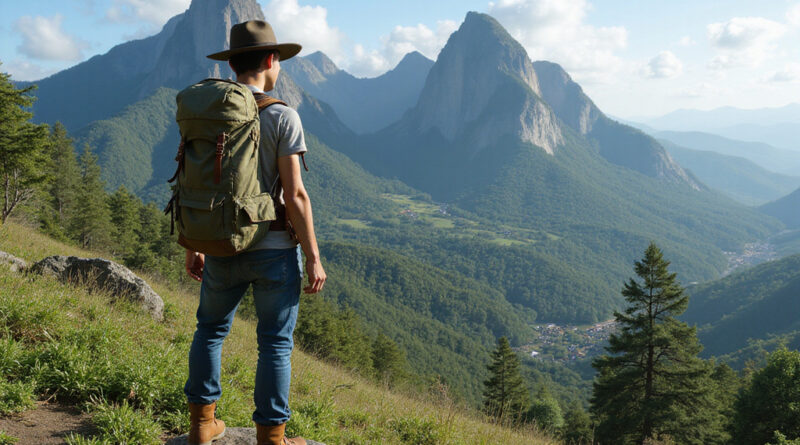 Backpacker hiking at Dois Irmãos mountain in Brazil