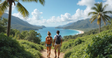Young backpackers trekking in Florianopolis, Brazil