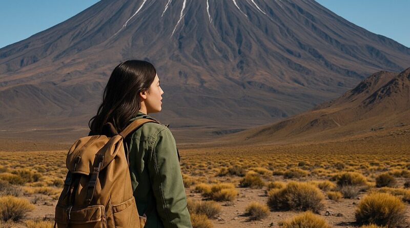 Young woman ready to hike Arikha volcano in Chile