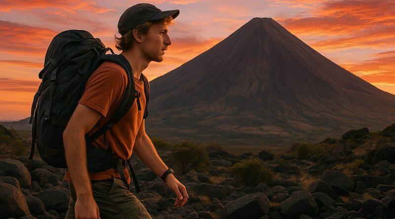 Backpacker exploring terrains of Concepcion Volcano, טרקים בקונספסיון צ'ילה at sunset