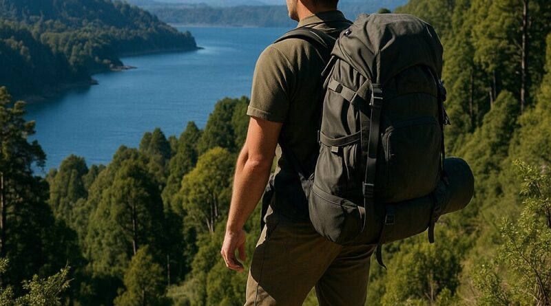 Backpacker embarking on טרקים בפורטו מונט צ'ילה with stunning natural landscapes.