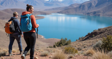 Young backpackers trekking at Lake Titicaca, Peru