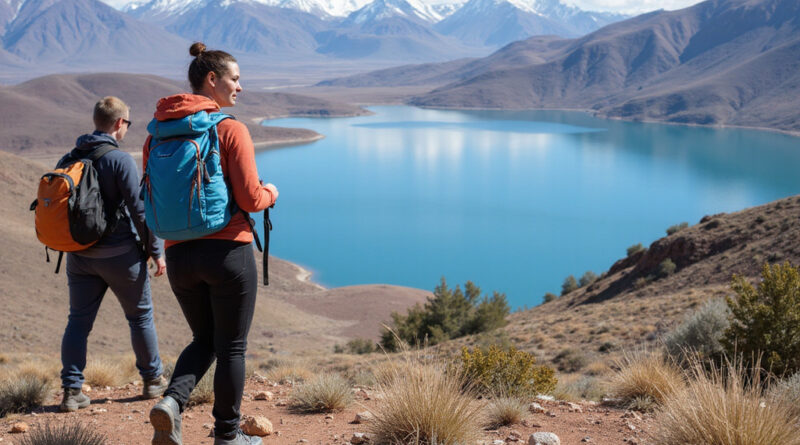 Young backpackers trekking at Lake Titicaca, Peru