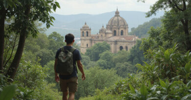 Young backpacker trekking in Cartagena, Colombia jungle terrain