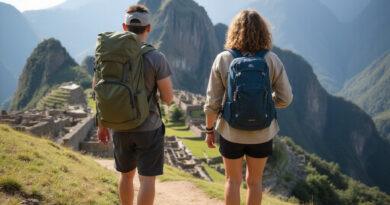 Young adults preparing for טרקים במרס פרו in vibrant Machu Picchu landscape