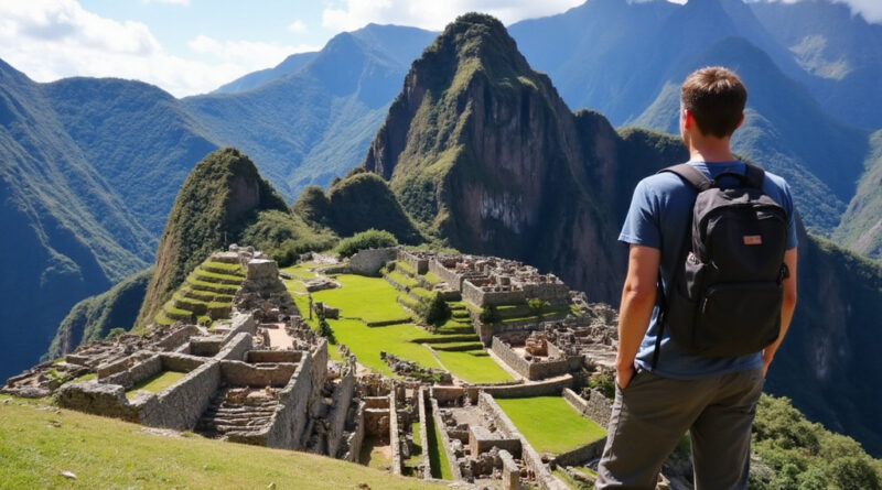 Youthful backpacker at אטרקציות באולנטייטמבו פרו with Incan ruins and mountains
